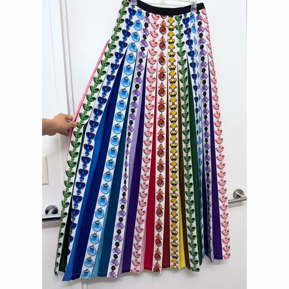 Mary Katrantzou Nyx Perfume Bottle Print Rainbow Stripe Pleated Maxi Skirt US 6 - Picture 14 of 16